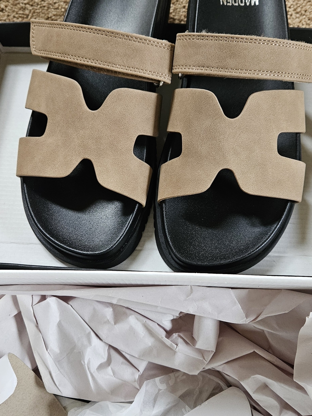Madden NYC Beige Two-Strap Slide Sandals